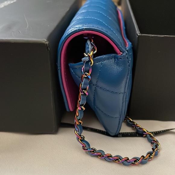 Chanel Blue and Pink quilted lamb skin bag with chain rainbow hardware - Picture 7 of 13